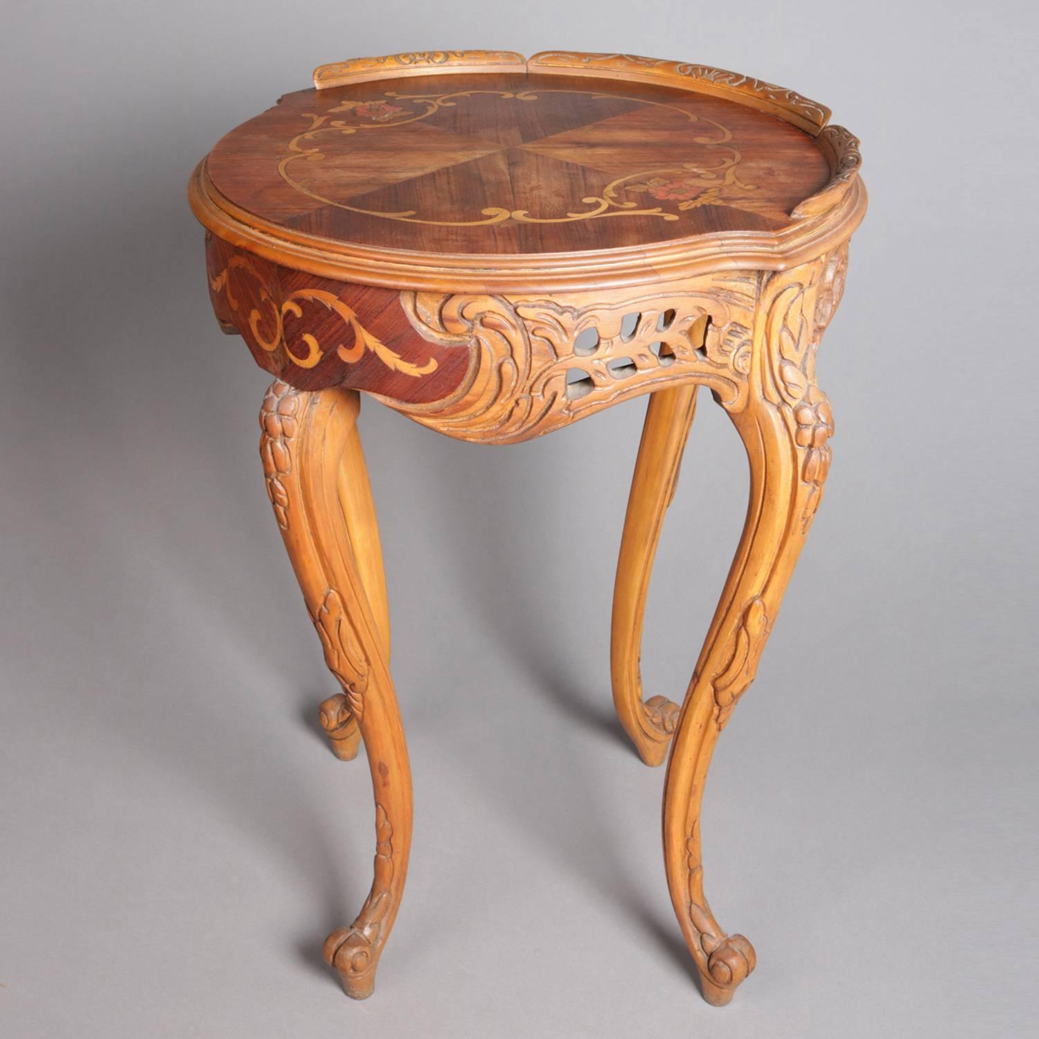 French Carved Yew Wood and Mahogany Floral Marquetry Inlaid Tea Table 2