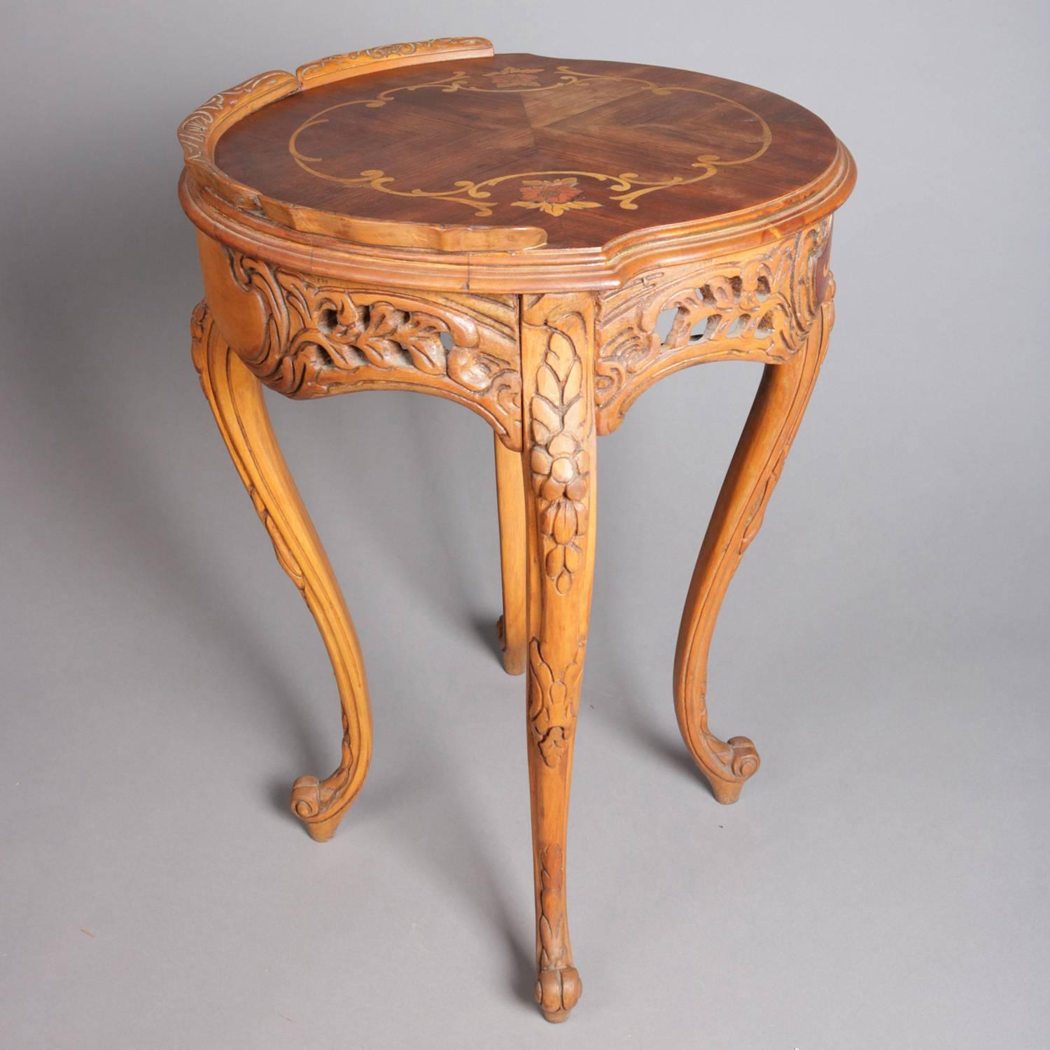 French Carved Yew Wood and Mahogany Floral Marquetry Inlaid Tea Table 4