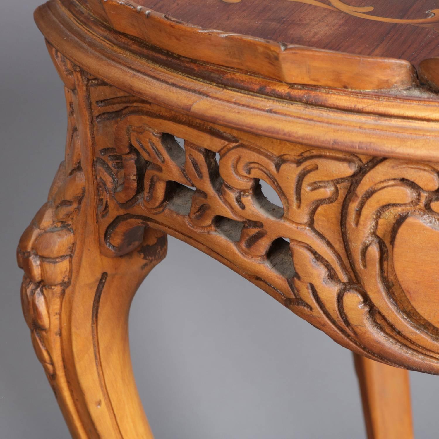 French Carved Yew Wood and Mahogany Floral Marquetry Inlaid Tea Table 3