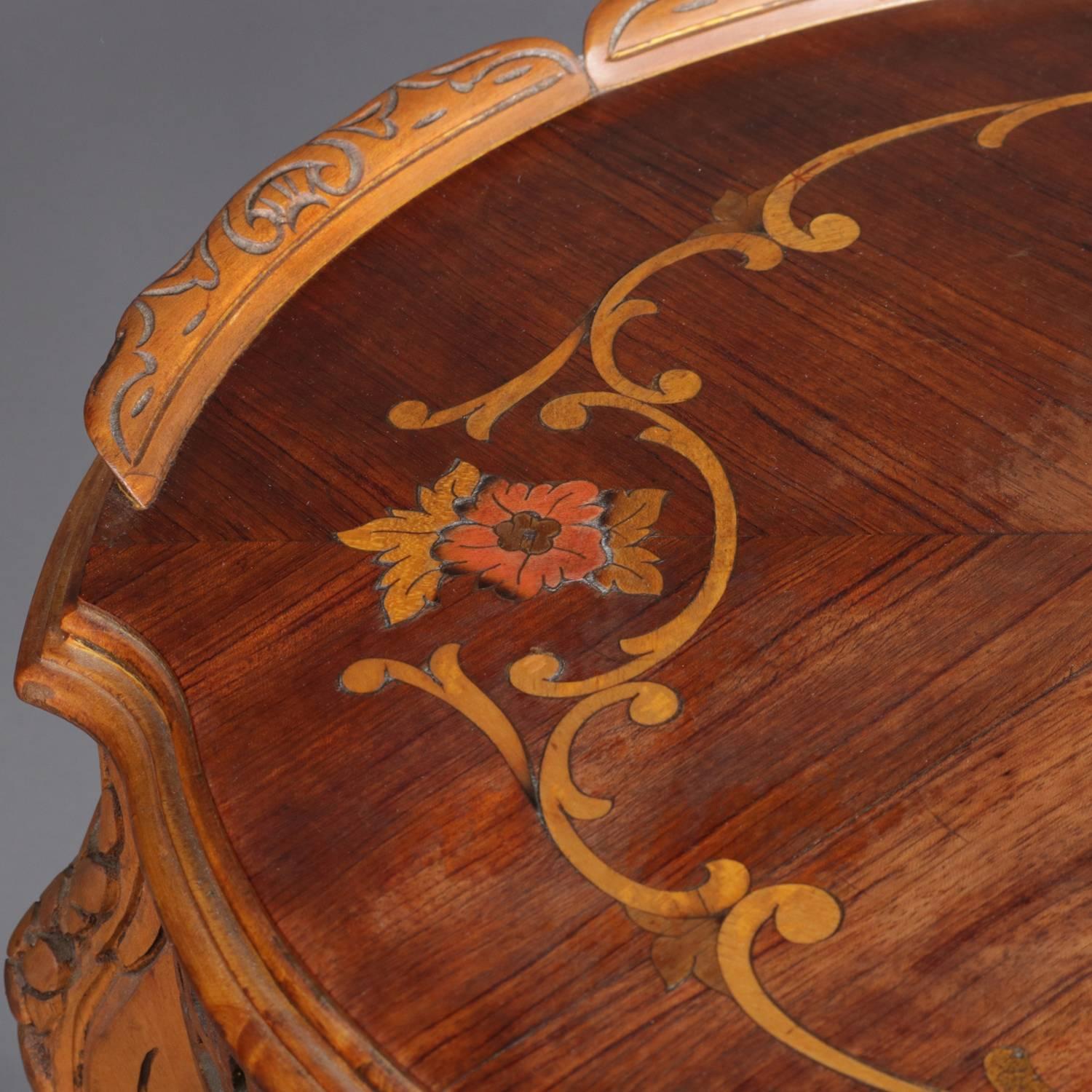 20th Century French Carved Yew Wood and Mahogany Floral Marquetry Inlaid Tea Table