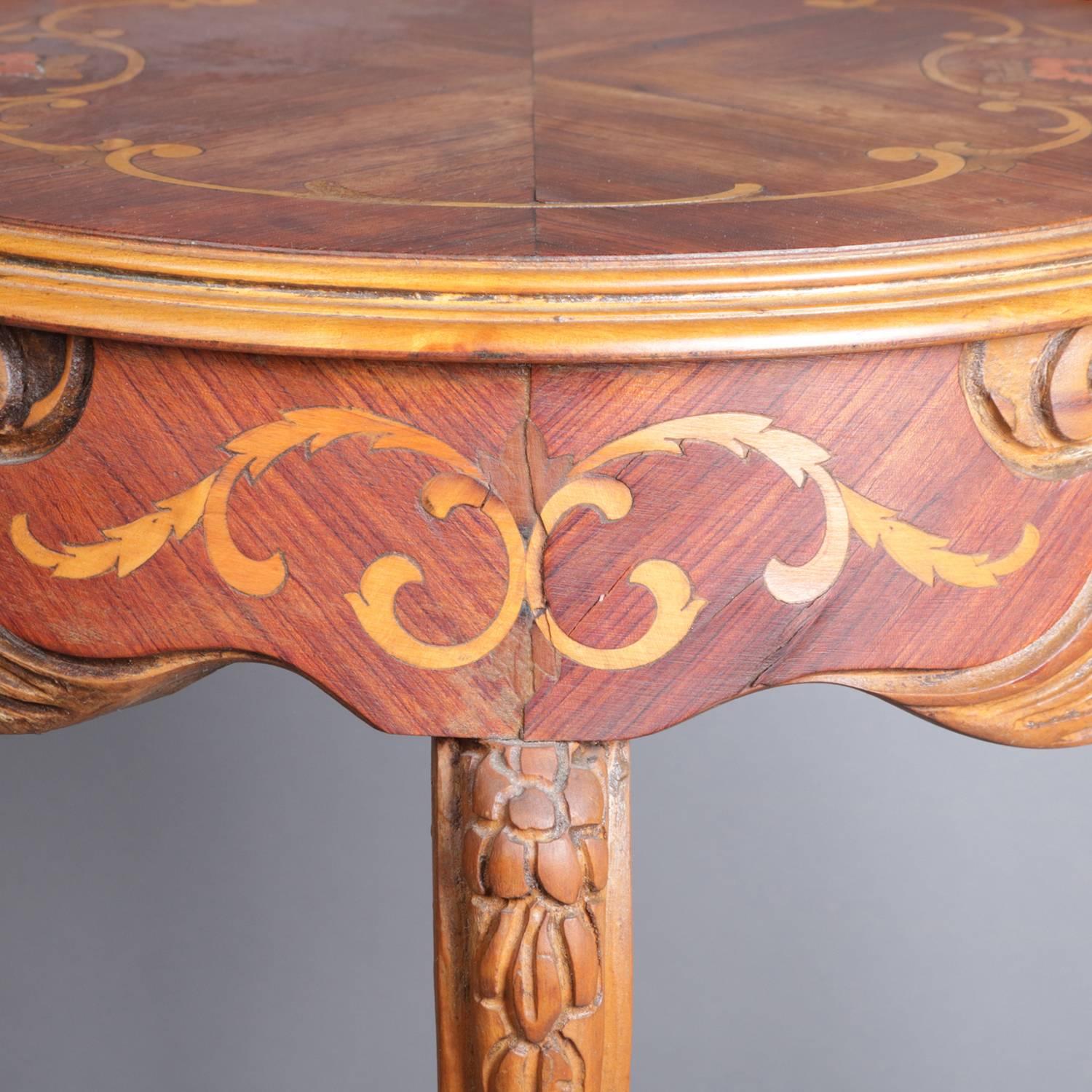 French Carved Yew Wood and Mahogany Floral Marquetry Inlaid Tea Table In Good Condition In Big Flats, NY