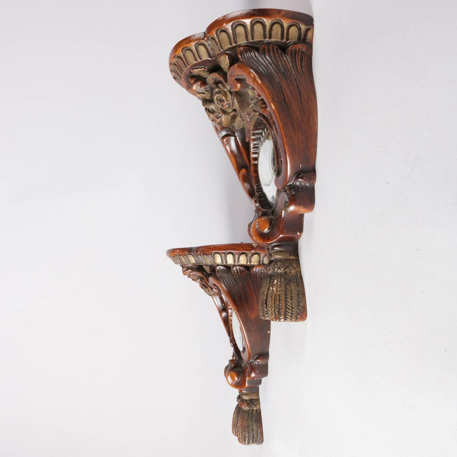 Wood Pair of French Carved Hardwood Bullseye Mirrored Grain Painted Wall Sconces