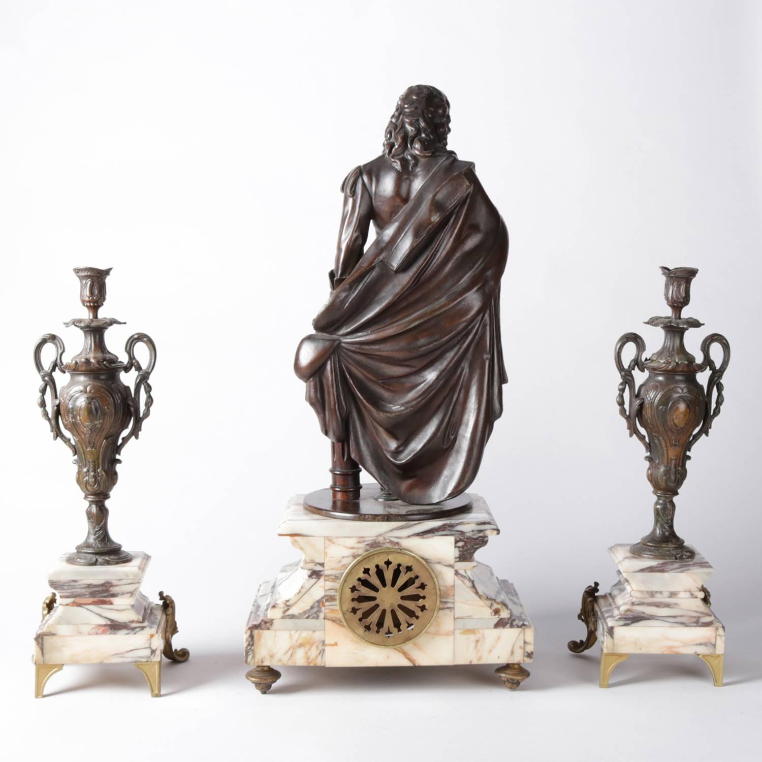 Metal French Figural Bronzed and Marble Louis XIV Garniture Clock and Candles Set