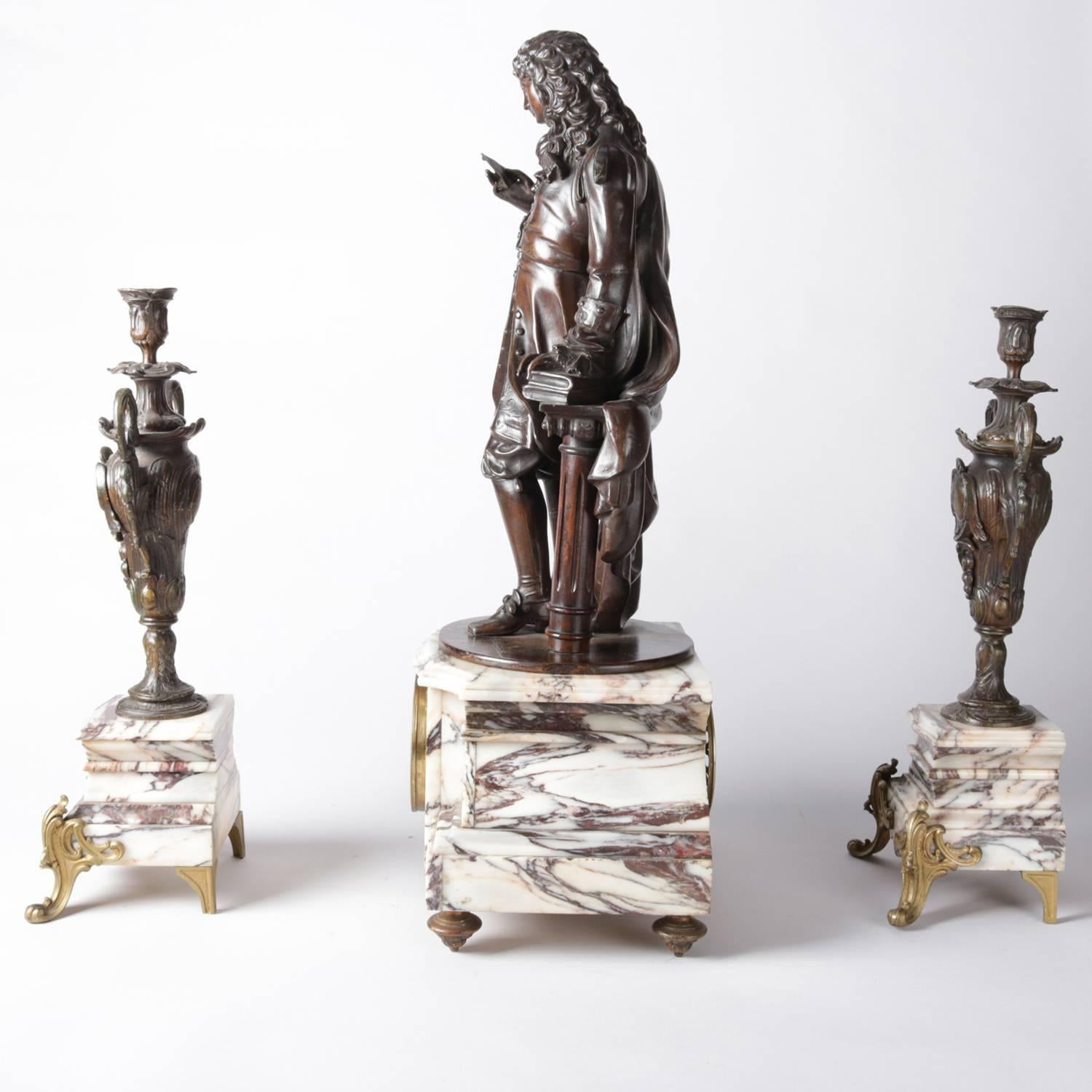 20th Century French Figural Bronzed and Marble Louis XIV Garniture Clock and Candles Set