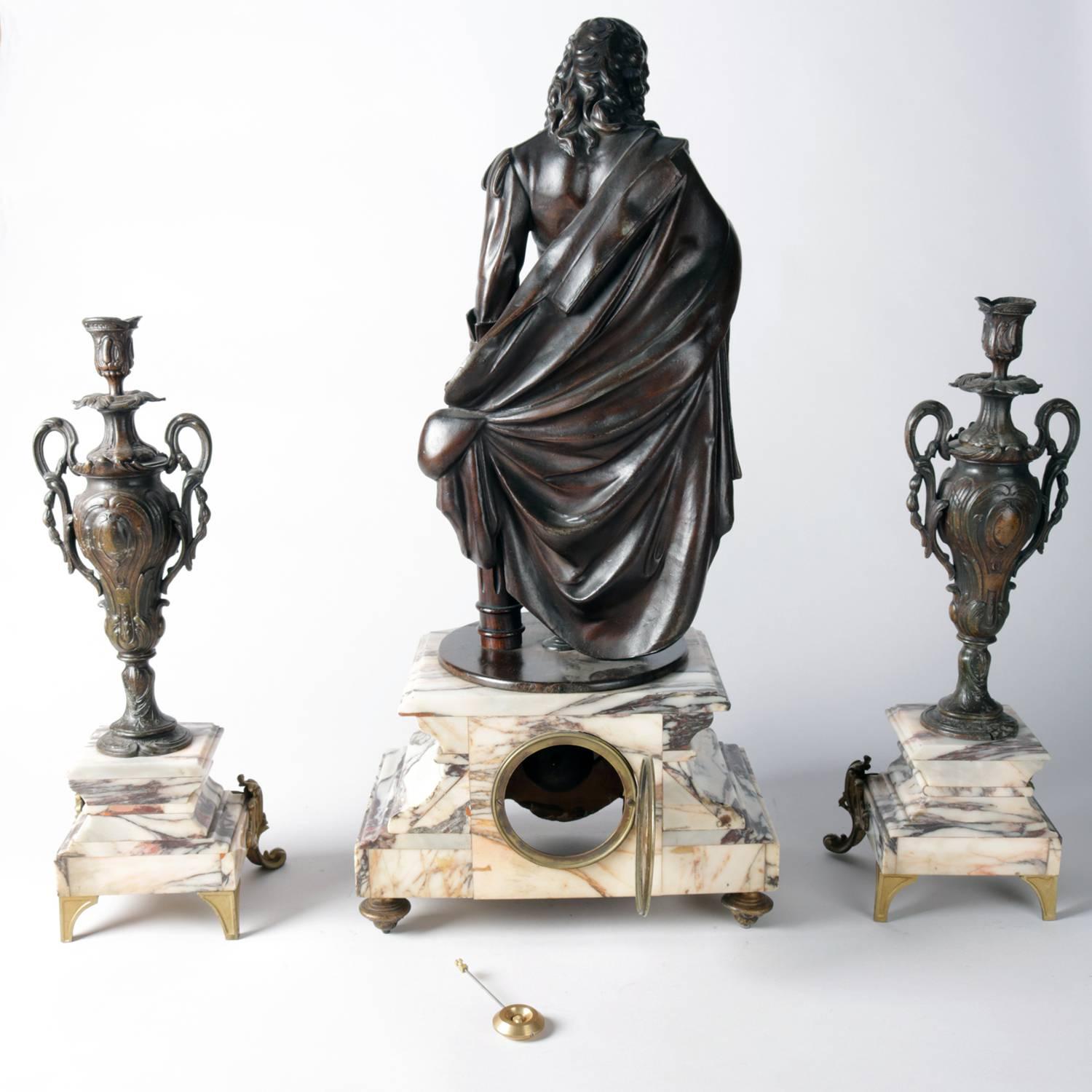 French Figural Bronzed and Marble Louis XIV Garniture Clock and Candles Set 2
