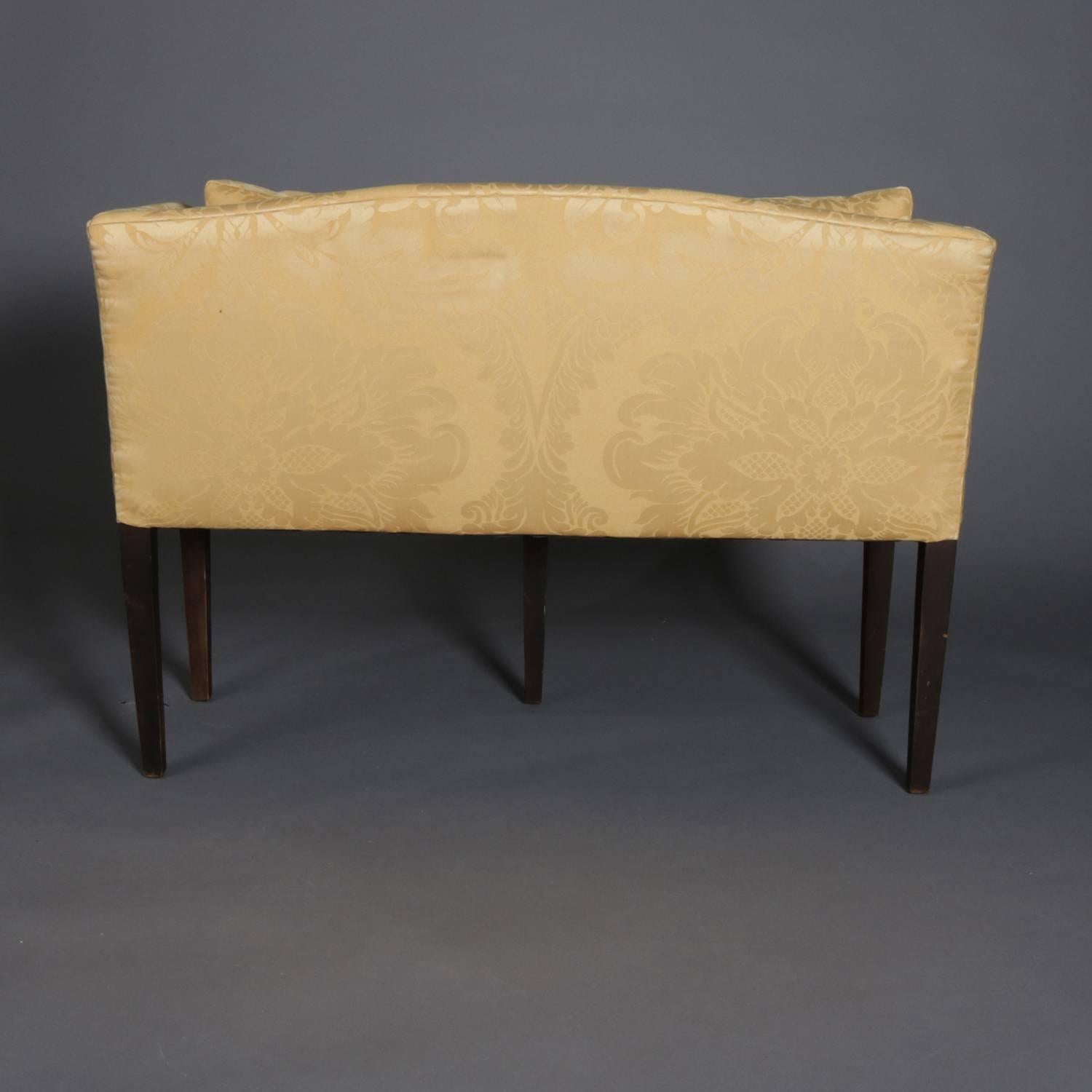 Upholstery Antique English Hepplewhite Style Upholstered Mahogany Petite Settee