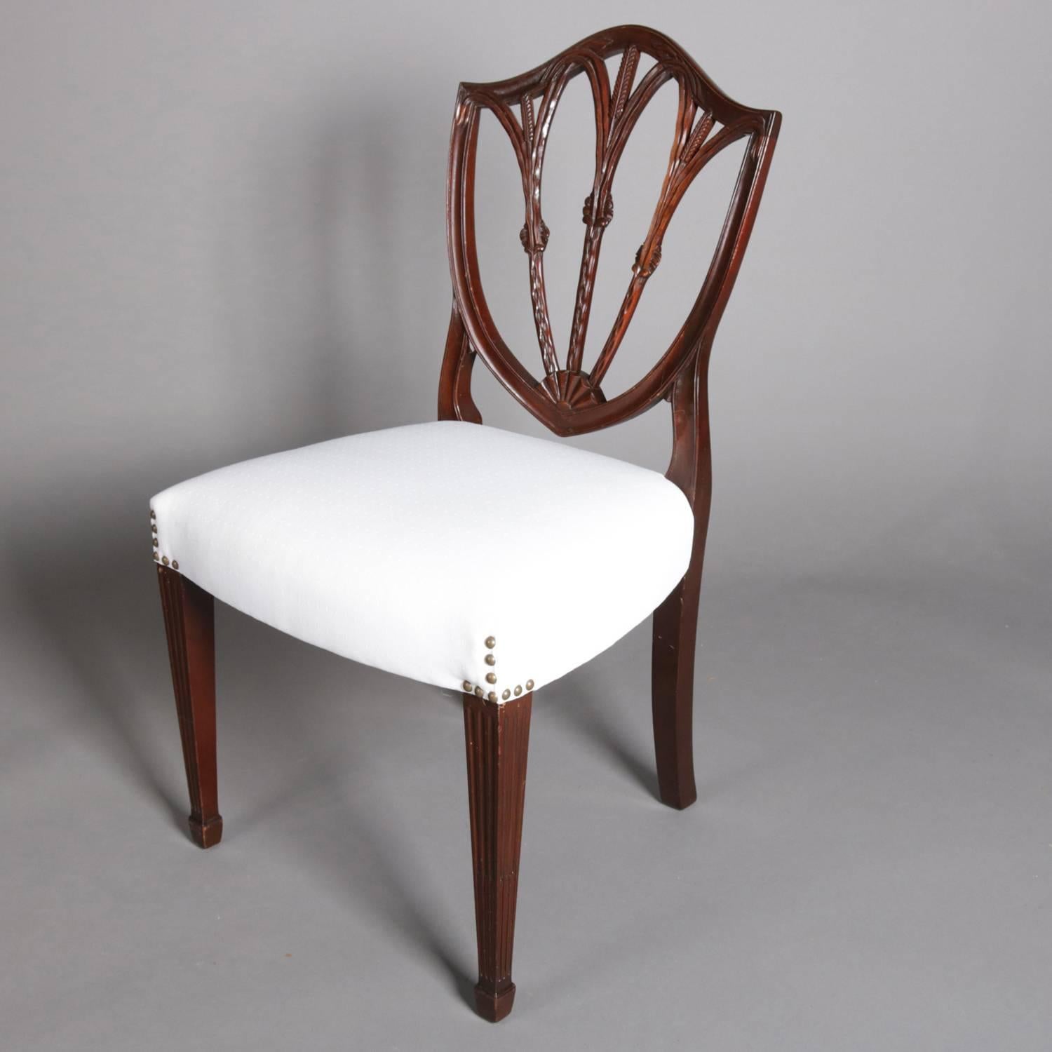 Federal Seven Hepplewhite Style Shield Back Carved Mahogany Wheat Form Dining Chairs