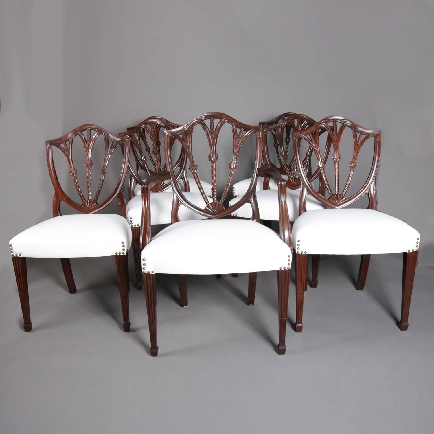 Upholstery Seven Hepplewhite Style Shield Back Carved Mahogany Wheat Form Dining Chairs