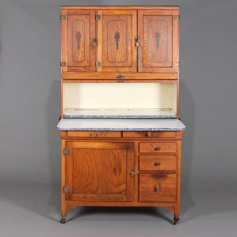 Antique Primitive Golden Oak And Enamel Hoosier Cabinet By Sellers American Antique Primitive Golden Oak and Enamel Hoosier Cabinet by Sellers, circa 1920 For Sale - Antique Primitive Golden Oak And Enamel Hoosier Cabinet By Sellers