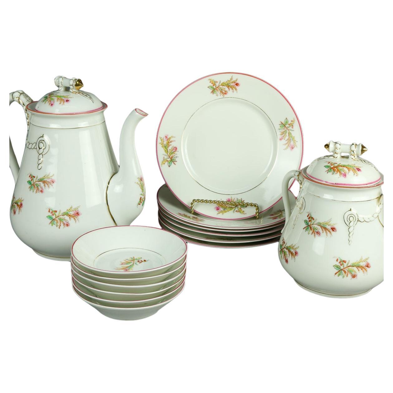 Antique 14-Piece French Limoges Hand Painted Porcelain Tea & Crumpet Set For Sale