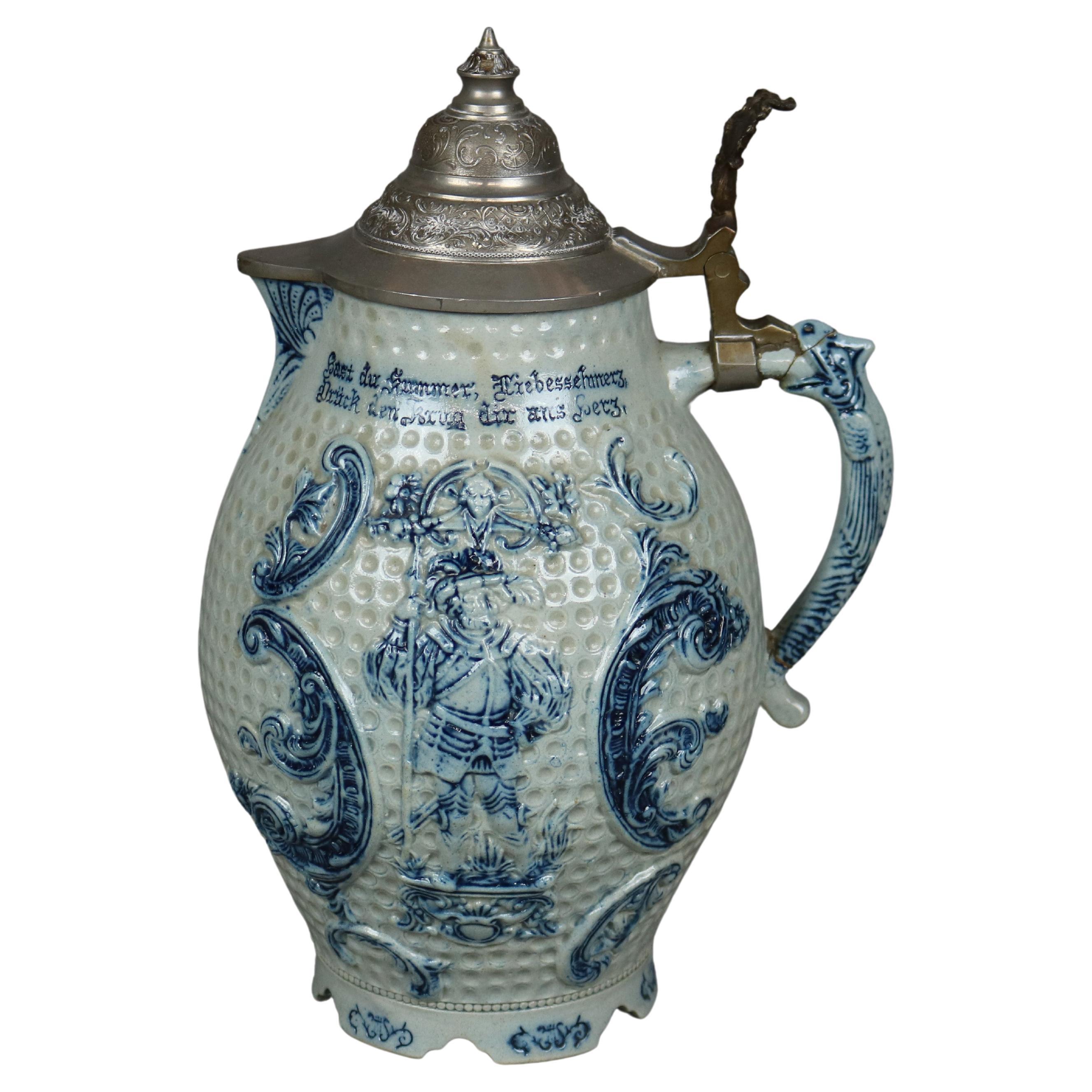 Antique German Blue Decorated Pottery Stoneware Musical Stein, Circa 1900