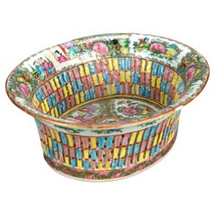Antique Chinese Rose Medallion Porcelain Reticulated Porcelain Basket, c1900