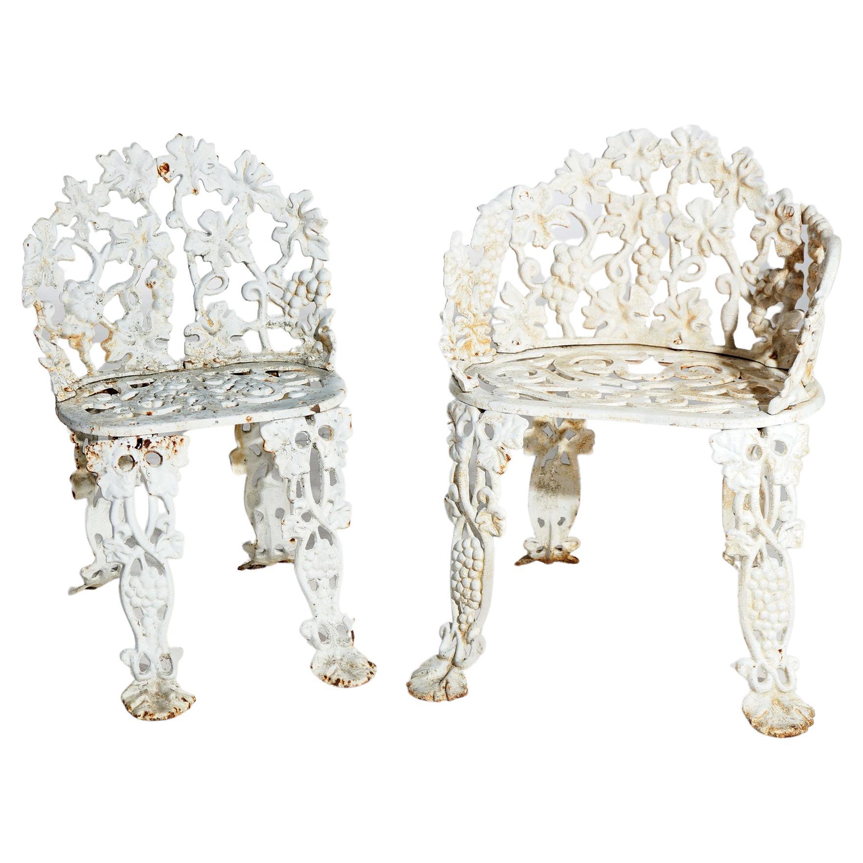 Two Painted Cast Iron Grape and Leaf Garden Chairs 20th C For Sale