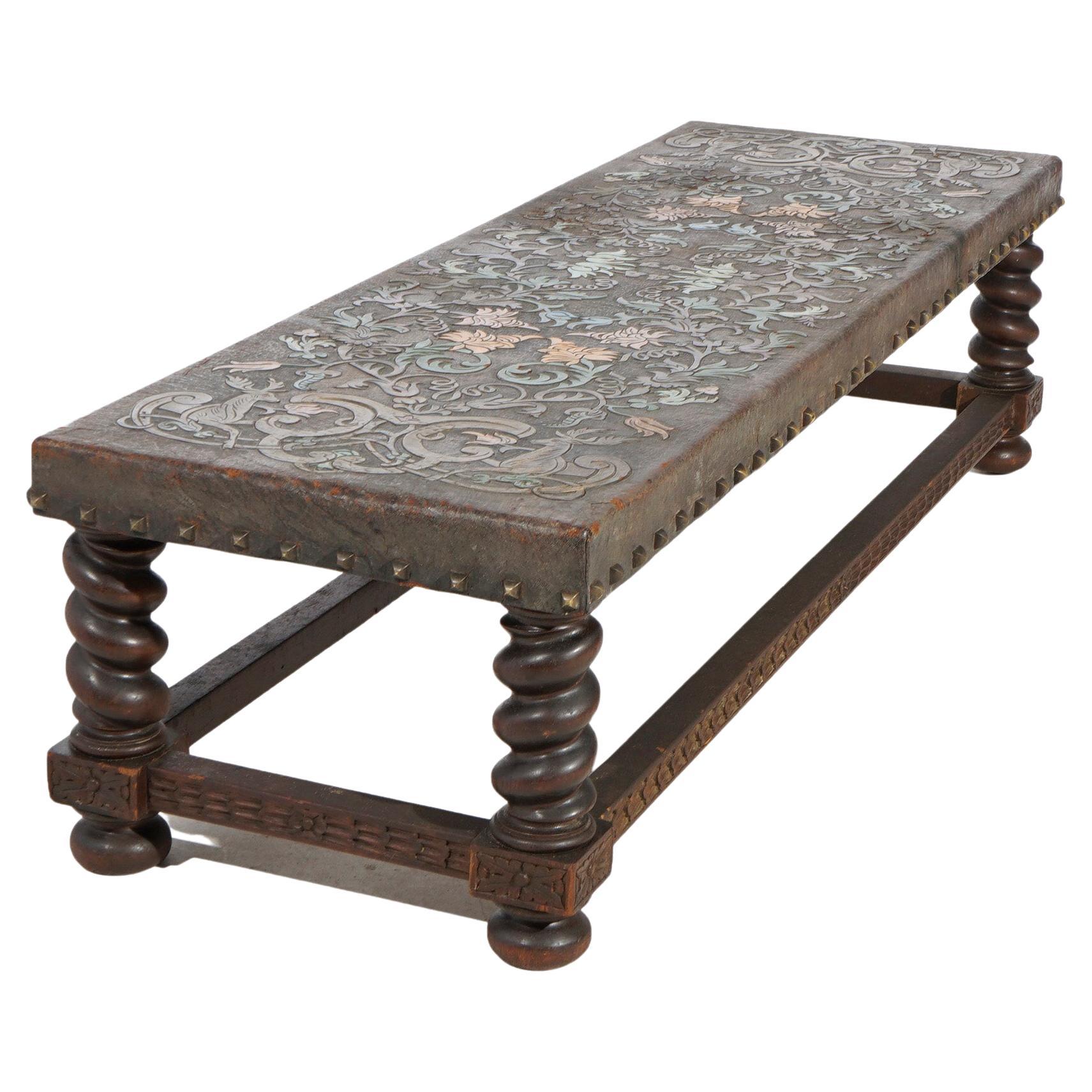 Antique Elizabethan Carved Oak & Tooled Leather Low Bench, Circa 1910