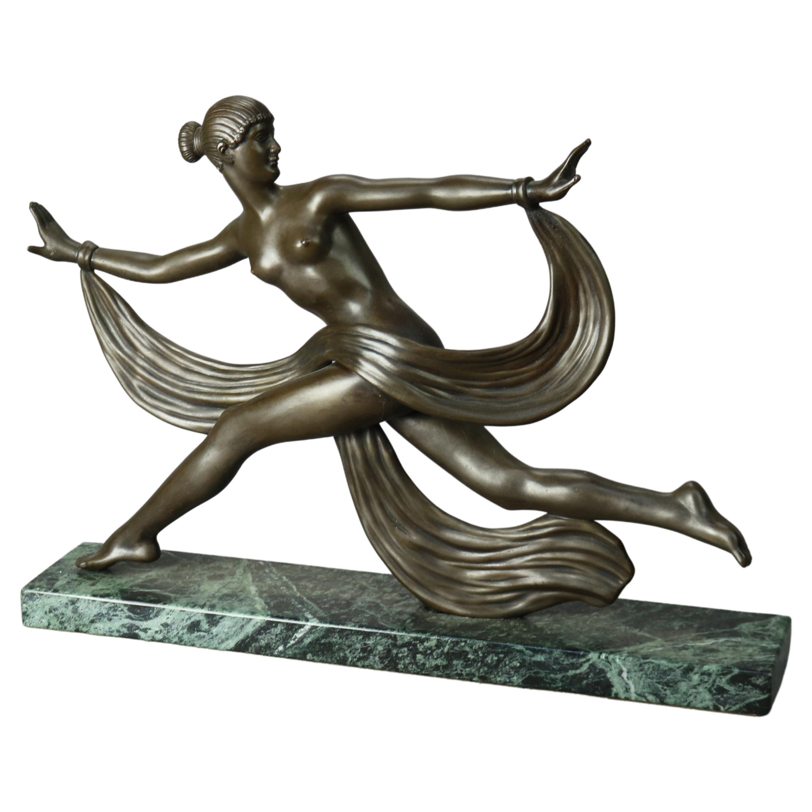 Antique French Art Deco Sculpture Statue of a Woman On Marble Plinth, 20th C. For Sale