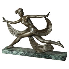 Vintage French Art Deco Sculpture Statue of a Woman On Marble Plinth, 20th C.