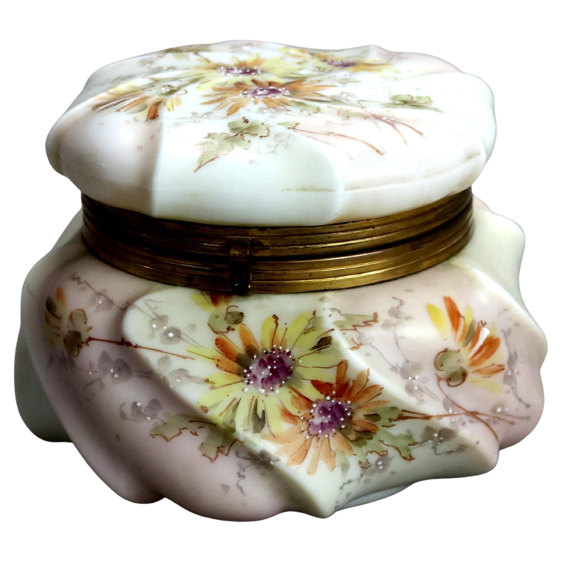 Boîte de commode ancienne en verre peinte à la main à motifs floraux avec fleurs sauvages 19e siècle