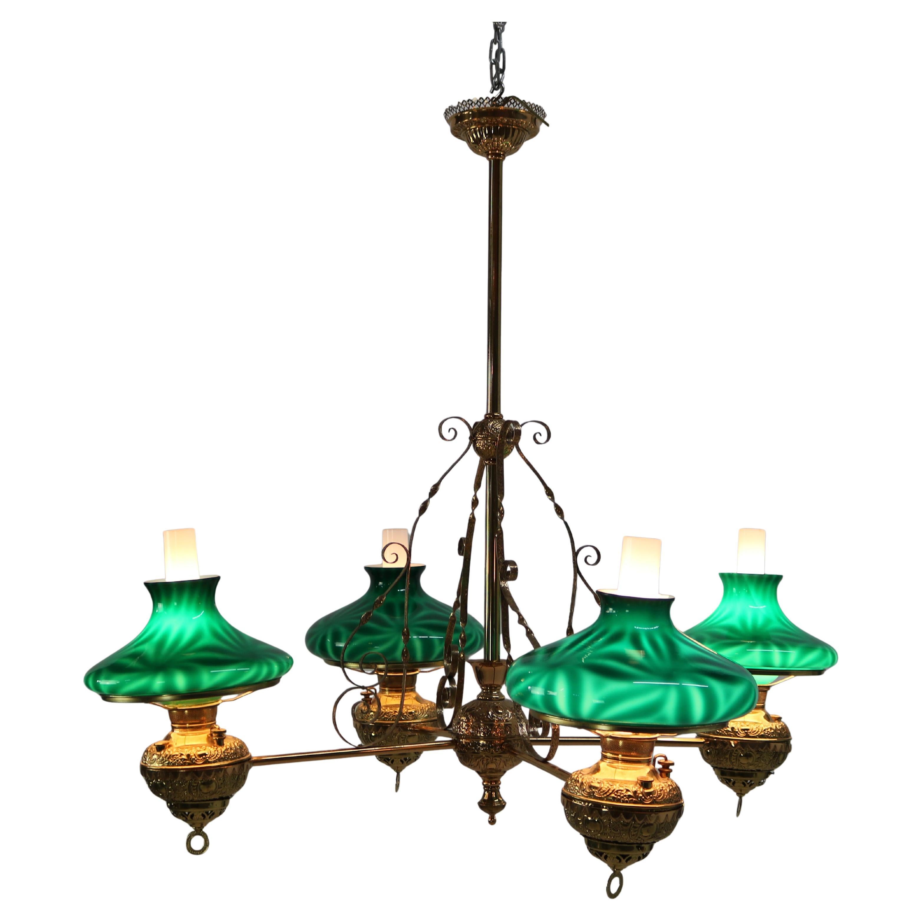 Rare 
Monumental Antique Miller Brass 
Cased Emerald Glass Chandelier C1890