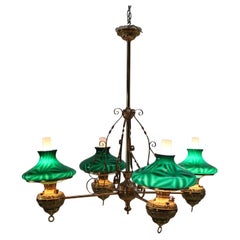 Rare & Monumental Antique Miller Brass & Cased Emerald Glass Chandelier C1890