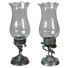 Pair Antique Aesthetic Movement Silver Plated Figural Heron Candleholders c1890