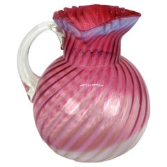 Cranberry & Opalescent Swirled Glass Juice Pitcher with Ruffled Rim 20thC