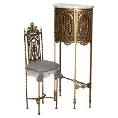 Antique Oscar Bach Classical Gilt Bronze Demilune Marble Top Stand & Chair c1920