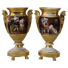 Paire d'urnes anciennes surdimensionnées en porcelaine Old Paris avec scènes de genre C1880