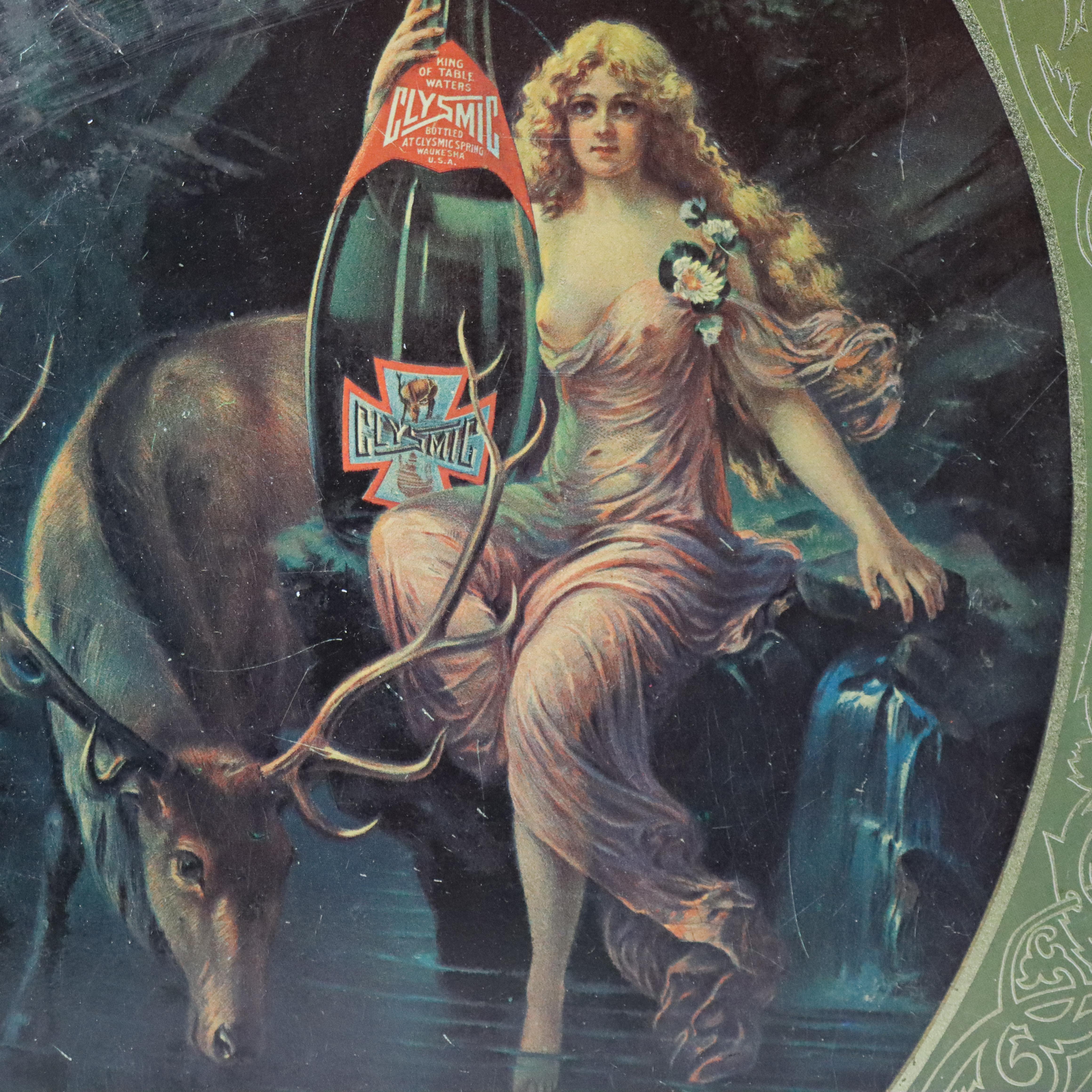 Ancien plateau publicitaire en métal Clysmic C1920 Bon état - En vente à Big Flats, NY
