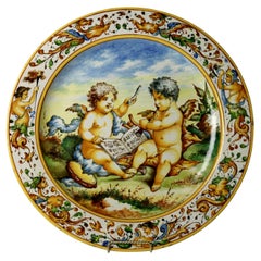 Gran Cargador de Cerámica Majestuosa Neoclásica Italiana Antigua con Querubines S. XIX