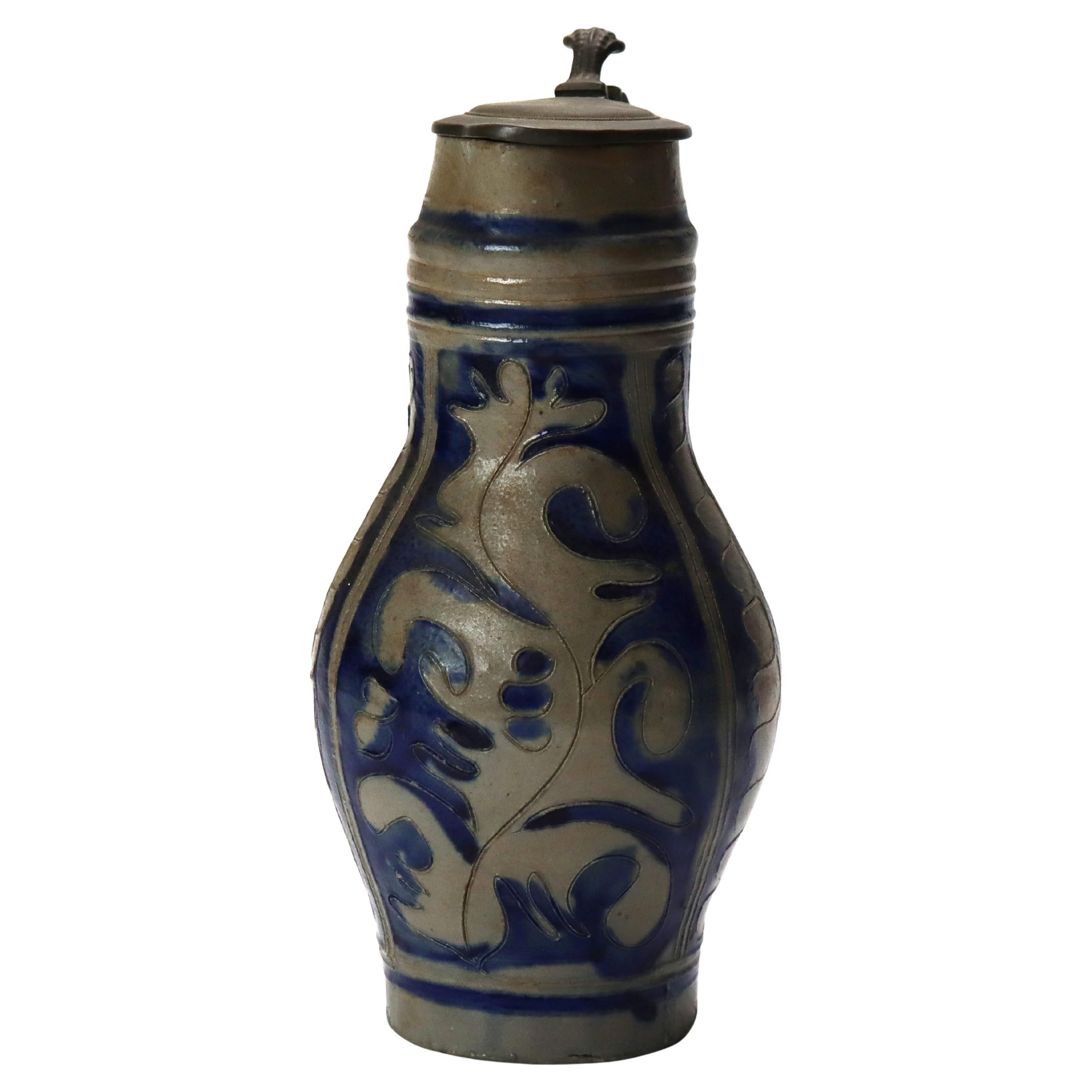 Antike deutsche blau eingraviert Steingut Tanker C1880 im Angebot