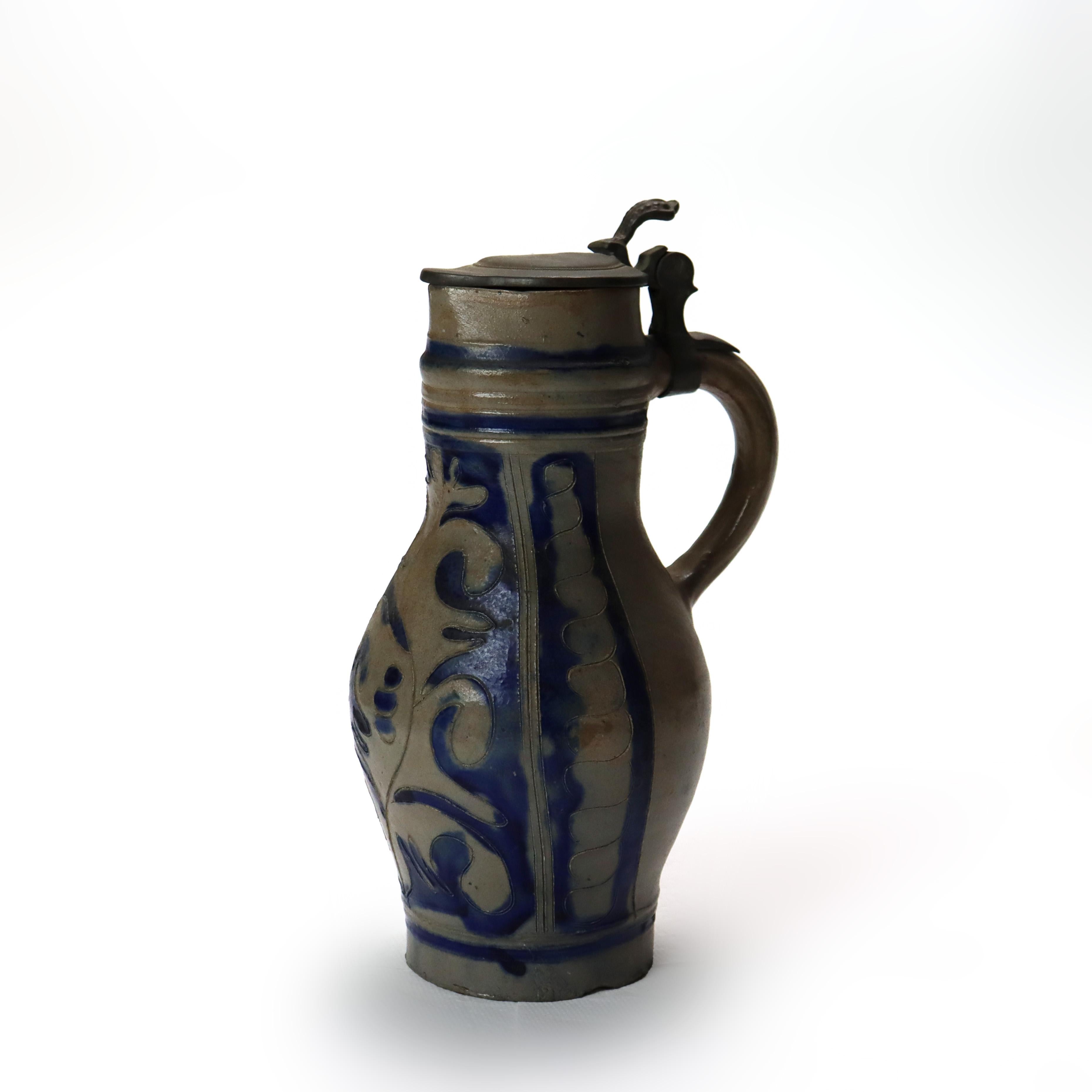 Antike deutsche blau eingraviert Steingut Tanker C1880  (10 1/4