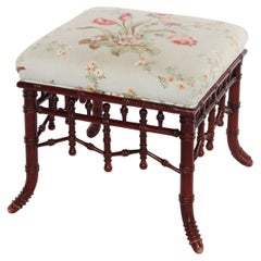 Antique Aesthetic Movement Mahogany Stick & Ball Upholstered Ottoman c1940