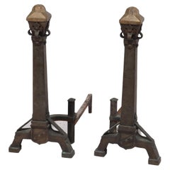 Pair of Antique Arts & Crafts Hammered Copper & Wrought Iron Andirons c1910