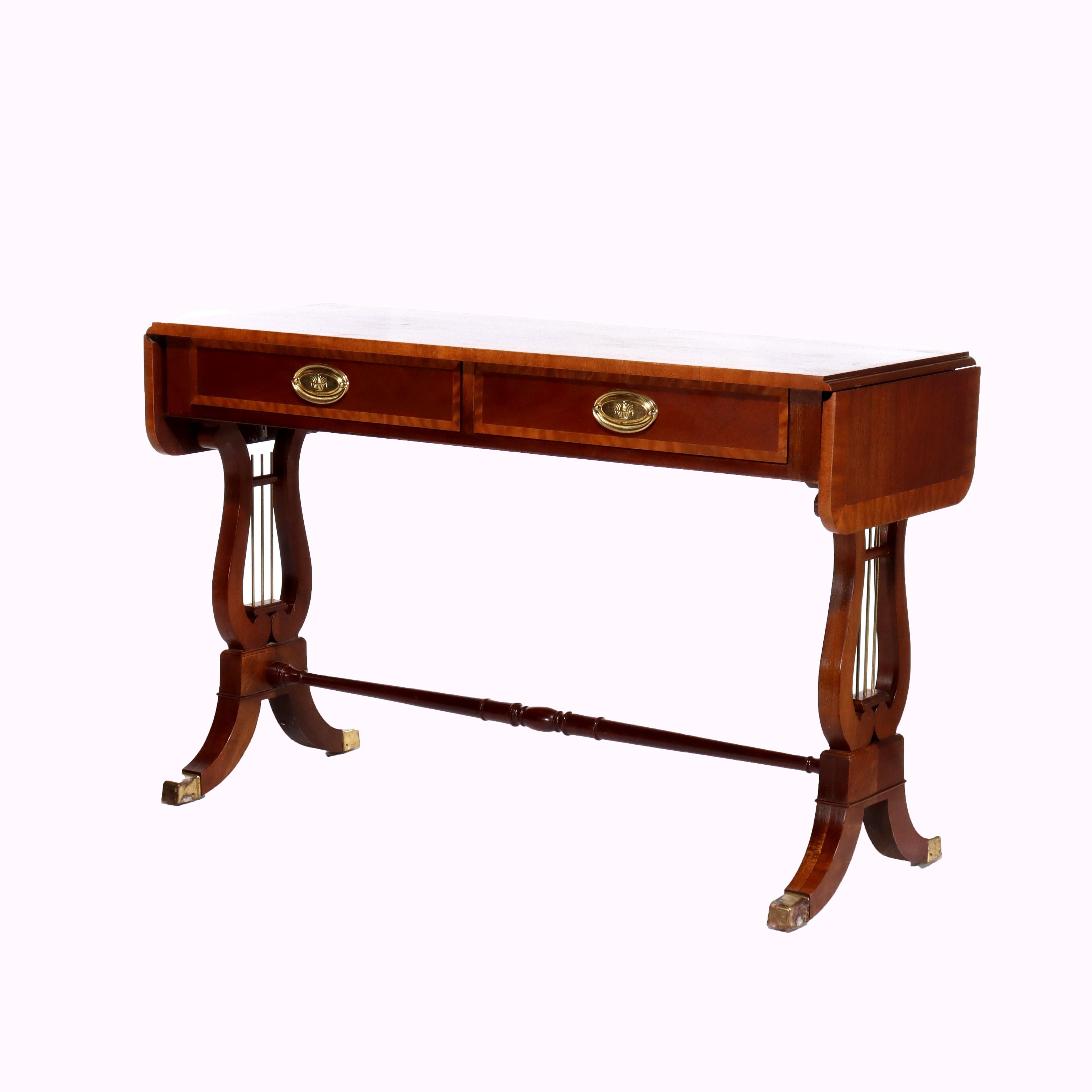 ***Reduced In-House Delivery Rates - Click on “Ask Seller” to Request a Quote***
Vintage Baker Sheraton Style Mahogany Cross Band 2-Drawer Drop Leaf Server With Lyre Form Legs Signed C1940  (28 1/4