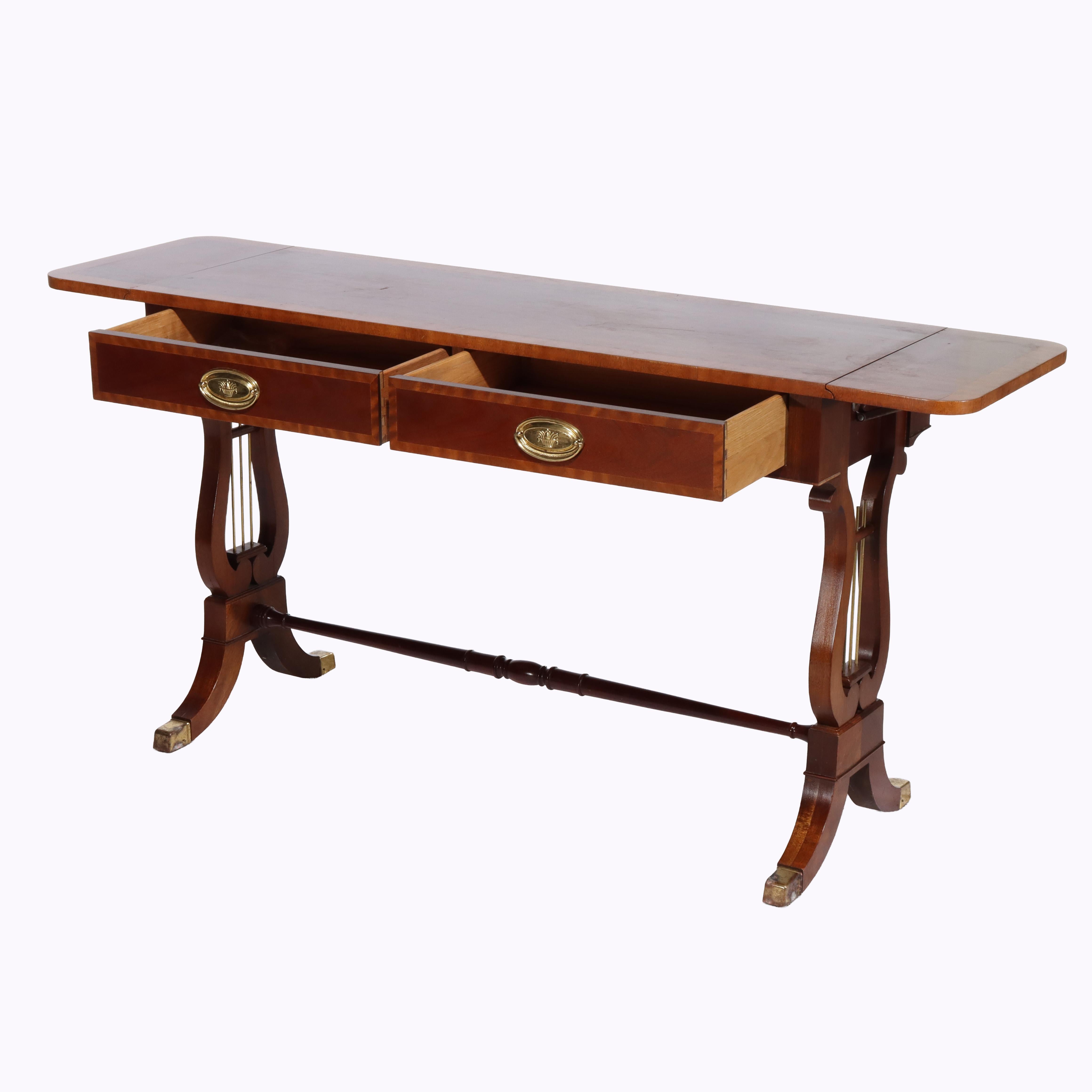 Vintage Baker Sheraton Style Mahogany Cross Band 2-Drawer Drop Leaf Server For Sale 3
