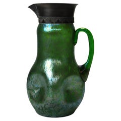 Loetz attr Creta Papillon Green Oil Spot Art Glass & Silver Pitcher c1920