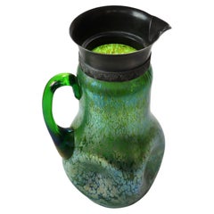 Loetz attr Creta Papillon Green Oil Spot Art Glass & Silver Pitcher c1920