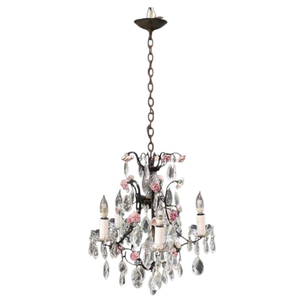 Vintage Crystal, Glass & Ebonized Iron 5-Light Chandelier With Porcelain Flowers