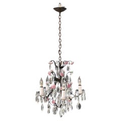 Vintage Crystal, Glass & Ebonized Iron 5-Light Chandelier With Porcelain Flowers