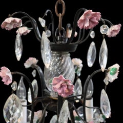 Vintage Crystal, Glass & Ebonized Iron 5-Light Chandelier With Porcelain Flowers