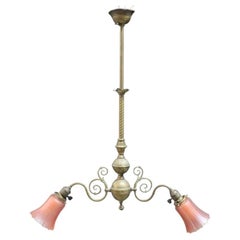 Art Nouveau Brass 2 Arm Chandelier With Fluted Dark Amber Glass Shades C1910