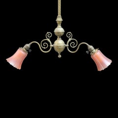 Art Nouveau Brass 2 Arm Chandelier With Fluted Dark Amber Glass Shades C1910