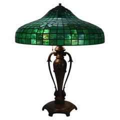 Tiffany Style Classic Arts & Crafts Green Leaded Stained Glass Table Lamp c1920