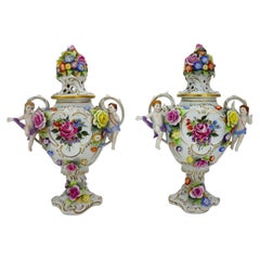 Pr Vintage German Porcelain Manufactory Plaue Meissen School Figural Urns c1890