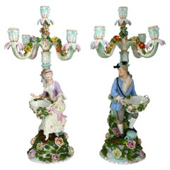 Pair 21" Meissen Style Figural & Floral Porcelain Candelabras c1890