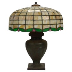 Oversized Antique Handel Leaded Stained Glass Table Lamp With Bronze Base c1920