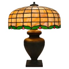 Oversized Antique Handel Leaded Stained Glass Table Lamp With Bronze Base c1920