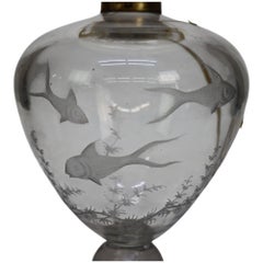 Figural Fish Etched Glass & Crystal Base Table Lamp C1890