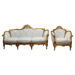 French Rococo Style Salon Suite Gold Gilt Wood Sofa & Armchair C1930
