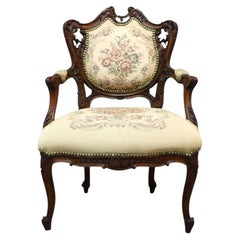 Louis XV Style Floral Carved Mahogany & Floral Tapestry Fauteuil C1900